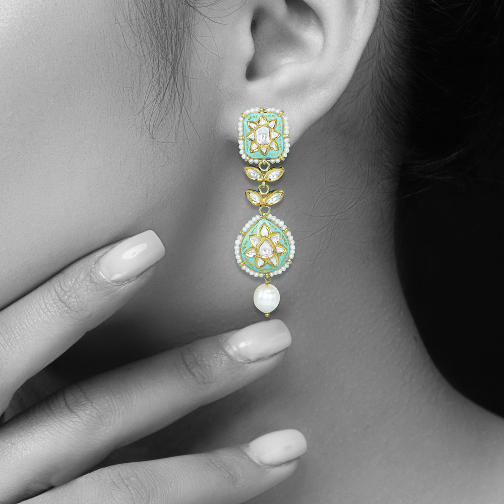 Square and Teardrop Polki Earrings with Turquoise Enamel and Pearl Drop